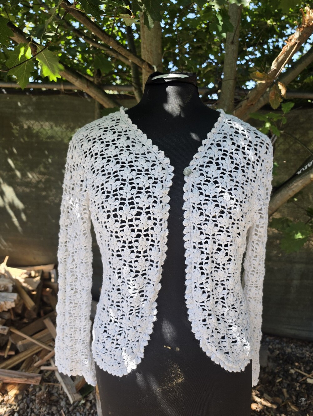 Y2K White Crochet Cardigan Sweater McBling Minimalist Cottagecore Shabby Chic - Picture 5 of 9
